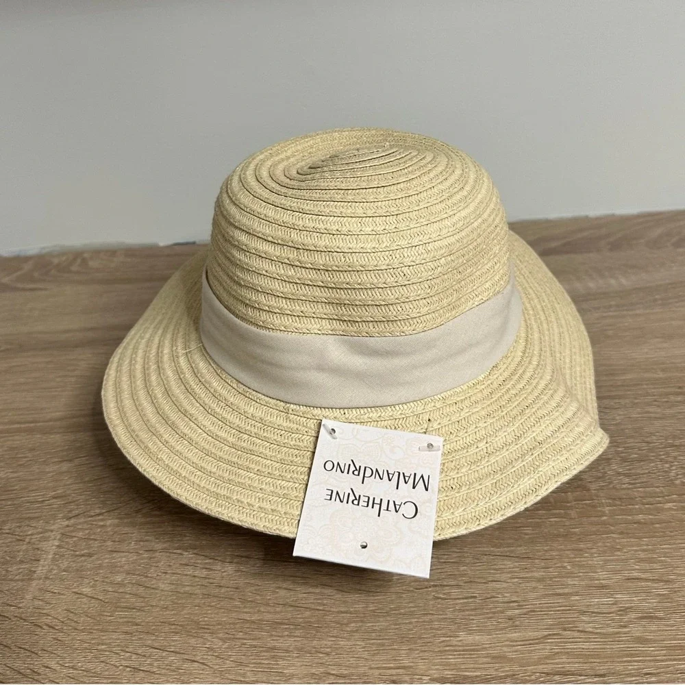 Catherine Malandrino Straw Sun Hat Womens‎ OS Beige White Bow Wide Brim Feminine
